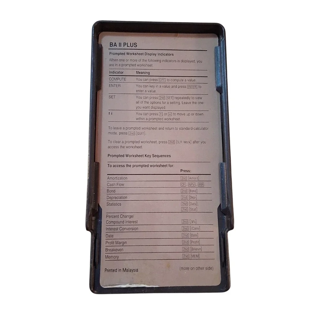 Texas Instruments BA II Plus Financial Calculator Slide Cover Quick Guide Works